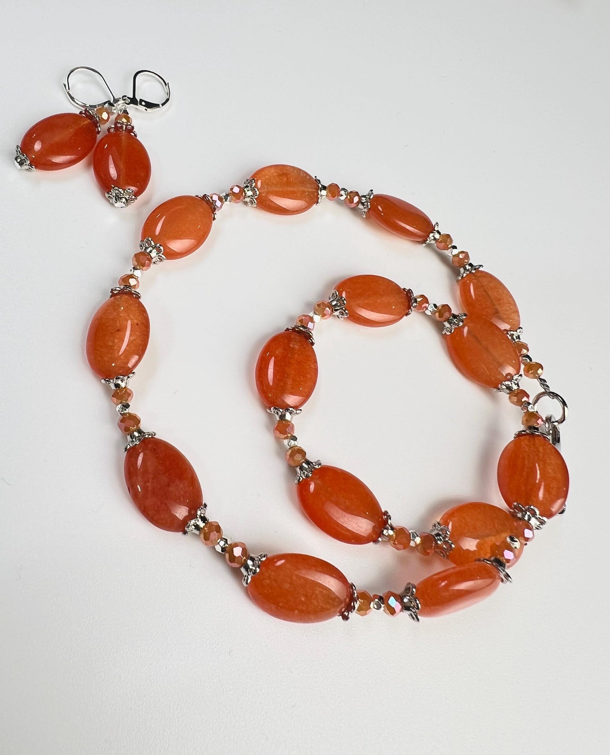 Natural Red Aventurine Peach aventurine 12x16mm oval Gemstones with Bali Style Spacers, peachy orange beads silver Necklace earrings set