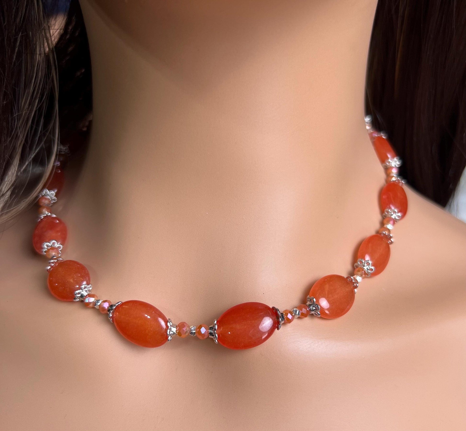 Natural Red Aventurine Peach aventurine 12x16mm oval Gemstones with Bali Style Spacers, peachy orange beads silver Necklace earrings set