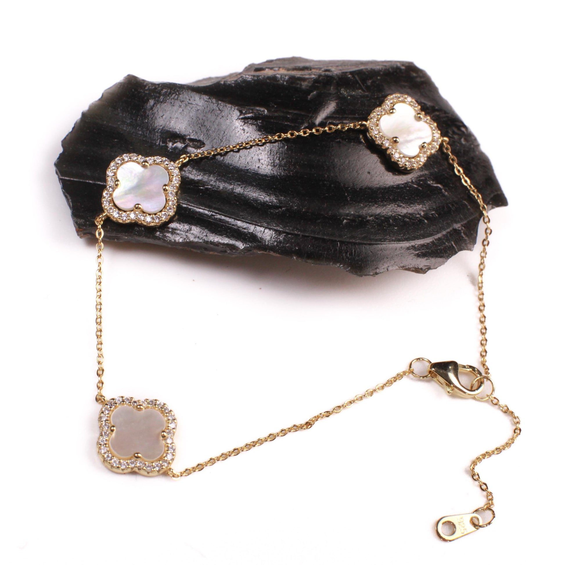 22k Gold Vermeil over 925 Sterling Silver Mother of Pearl Flower Charm CZ Adjustable 7”to 8.25" Gold Bracelet