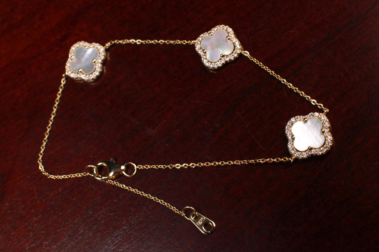 22k Gold Vermeil over 925 Sterling Silver Mother of Pearl Flower Charm CZ Adjustable 7”to 8.25" Gold Bracelet