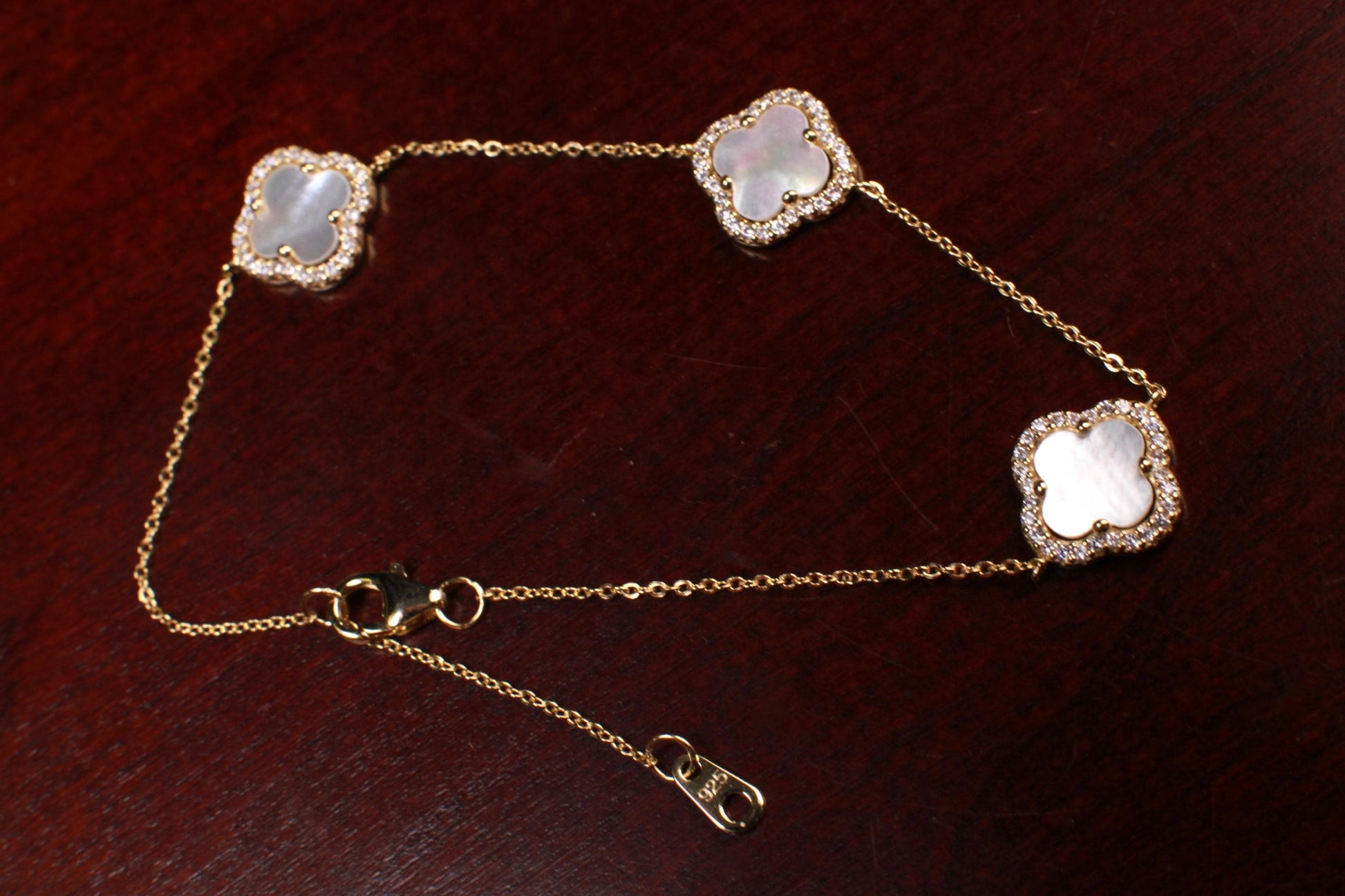 22k Gold Vermeil over 925 Sterling Silver Mother of Pearl Flower Charm CZ Adjustable 7”to 8.25" Gold Bracelet