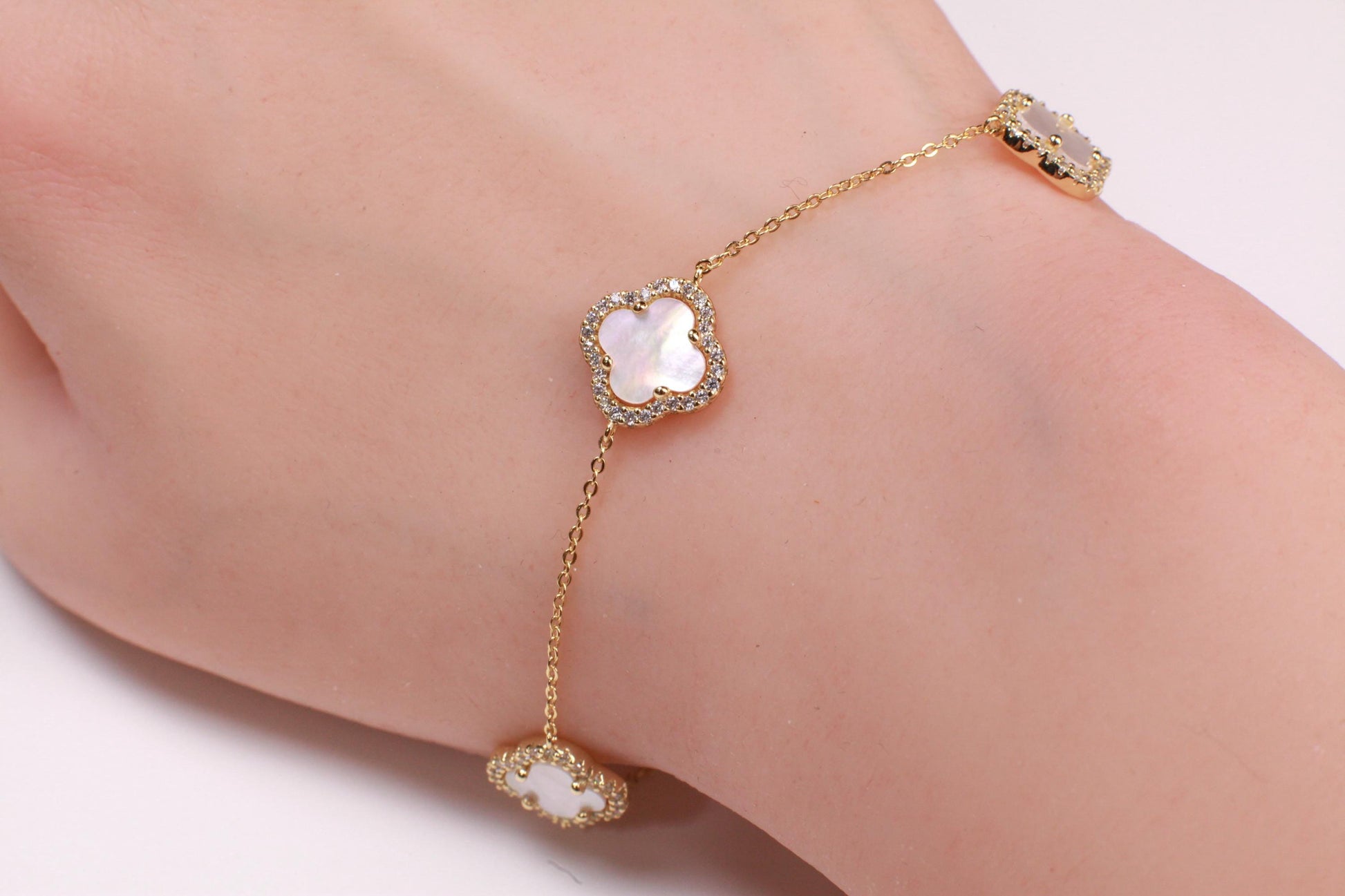 22k Gold Vermeil over 925 Sterling Silver Mother of Pearl Flower Charm CZ Adjustable 7”to 8.25" Gold Bracelet