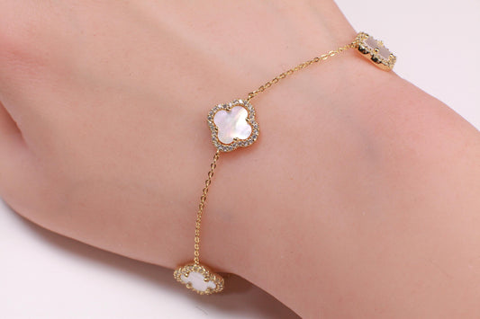 22k Gold Vermeil over 925 Sterling Silver Mother of Pearl Flower Charm CZ Adjustable 7”to 8.25" Gold Bracelet