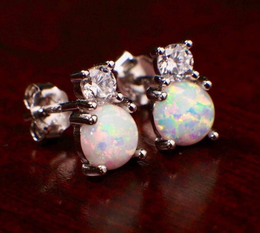Genuine Ethiopian Fire Opal, Welo Opal, 6mm Round CZ Diamond top 925 Sterling silver Stud Earrings Fiery Opal 925 stamped Elegant Gift