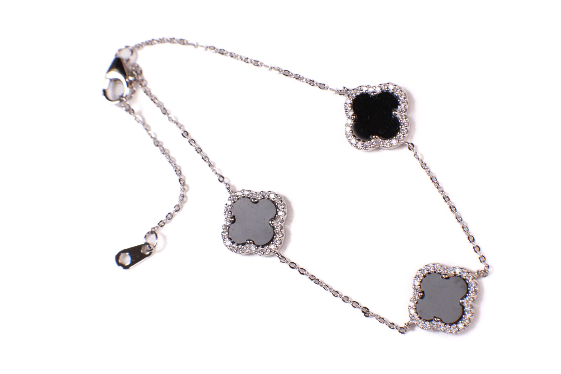 925 Sterling Silver Black Onyx four leaf Flower Charm CZ diamond setting Adjustable 7”to 8.25" Silver Bracelet, Love charm