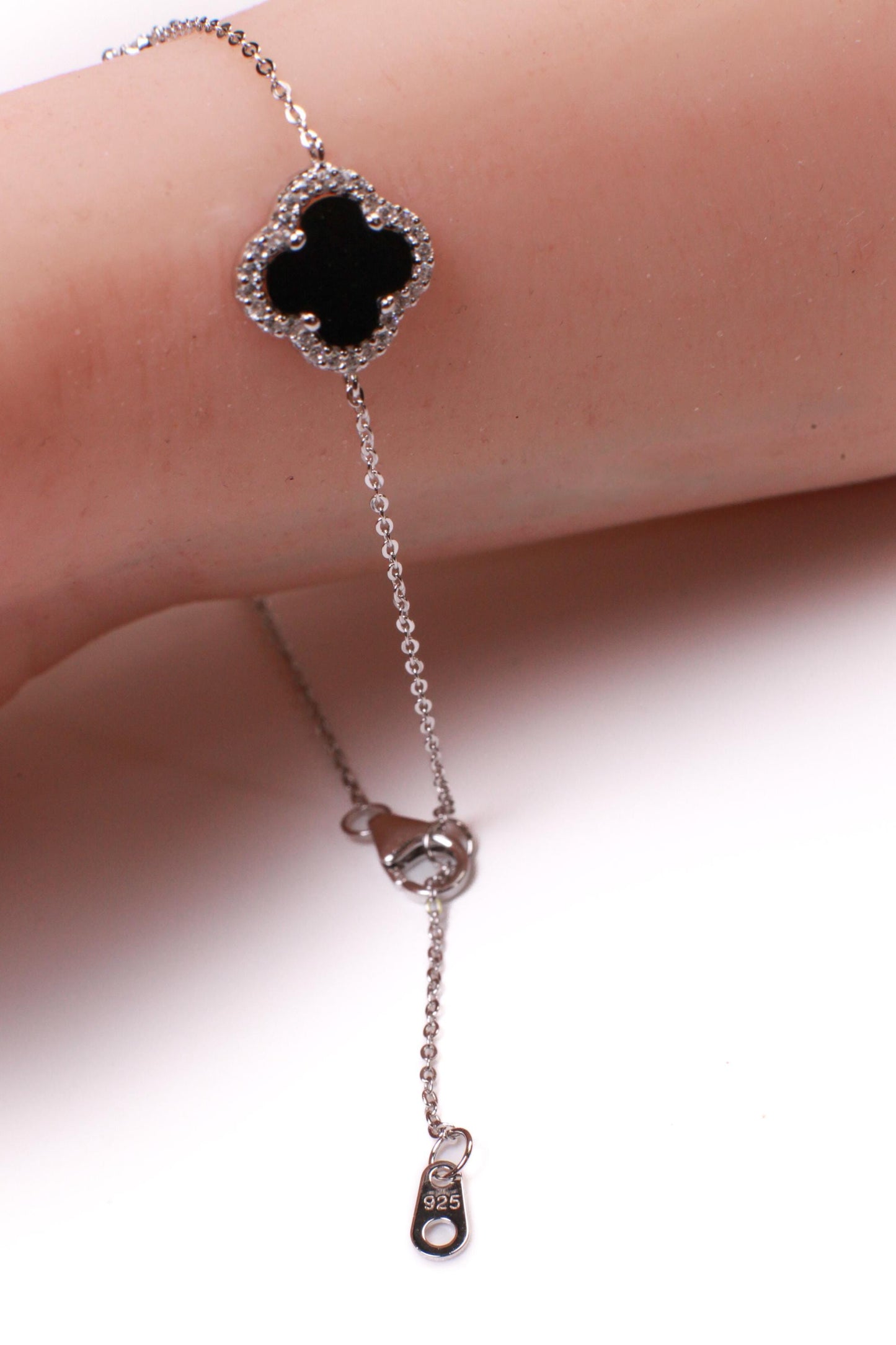 925 Sterling Silver Black Onyx four leaf Flower Charm CZ diamond setting Adjustable 7”to 8.25" Silver Bracelet, Love charm