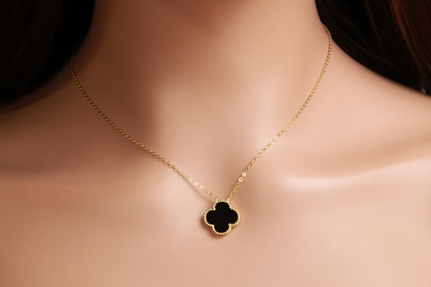 22K Gold Vermeil over Sterling Silver Black Onyx Double Sided 16mm Flower Charm 16” extend to 17” and 18” Necklace, Love charm