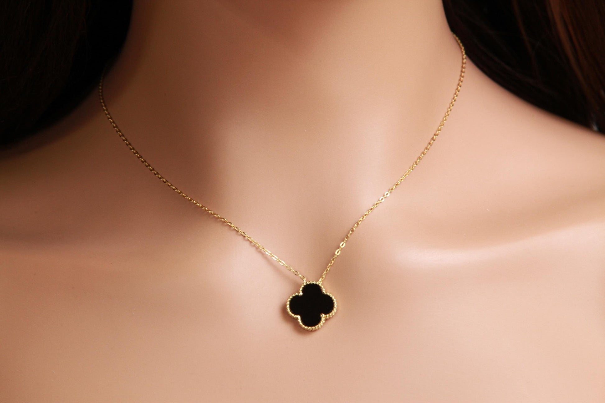 22K Gold Vermeil over Sterling Silver Black Onyx Double Sided 16mm Flower Charm 16” extend to 17” and 18” Necklace, Love charm
