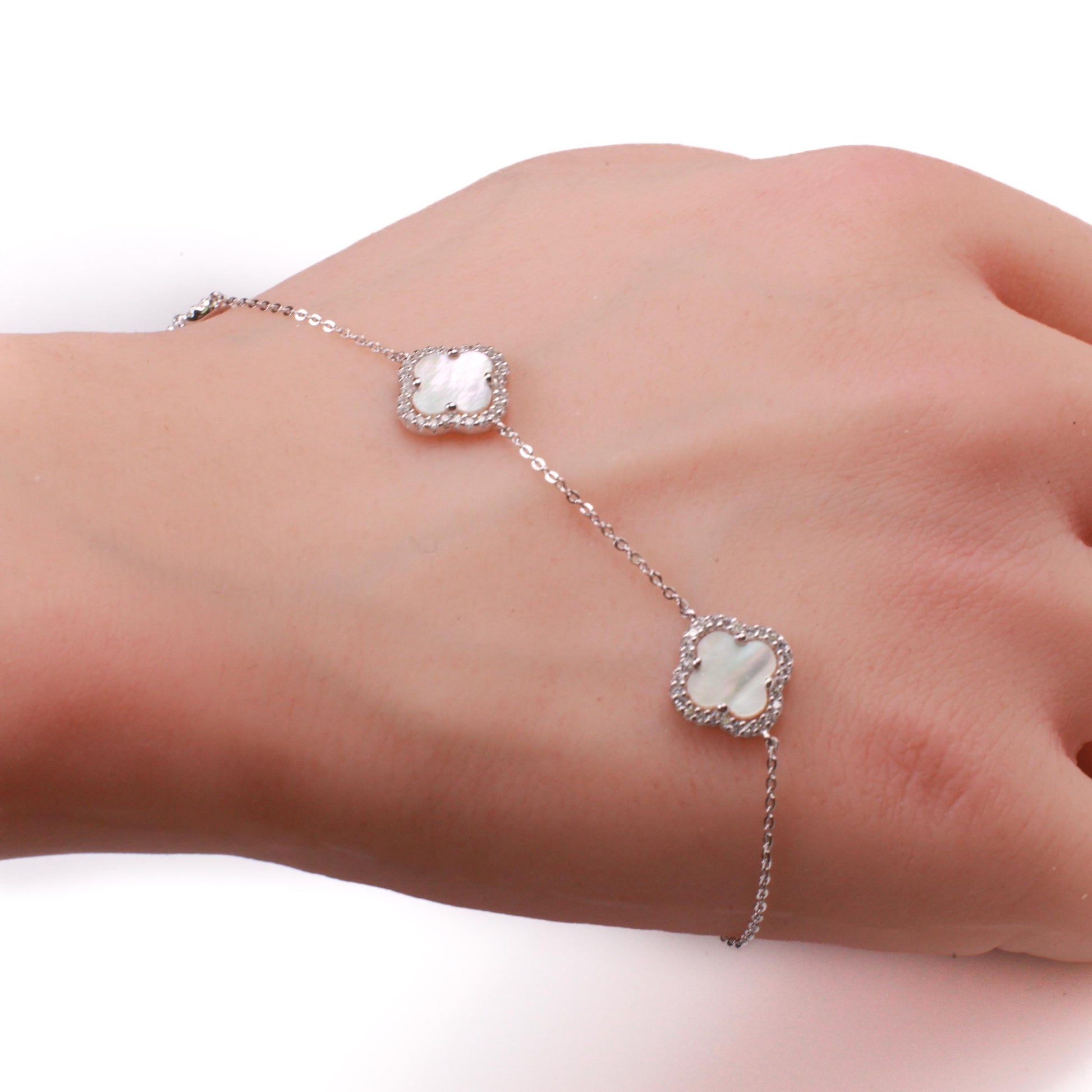 925 Sterling Silver White Mother of Pearl Four leaf Flower Charm CZ Adjustable 7” to 8.25" Silver Bracelet, Love charm