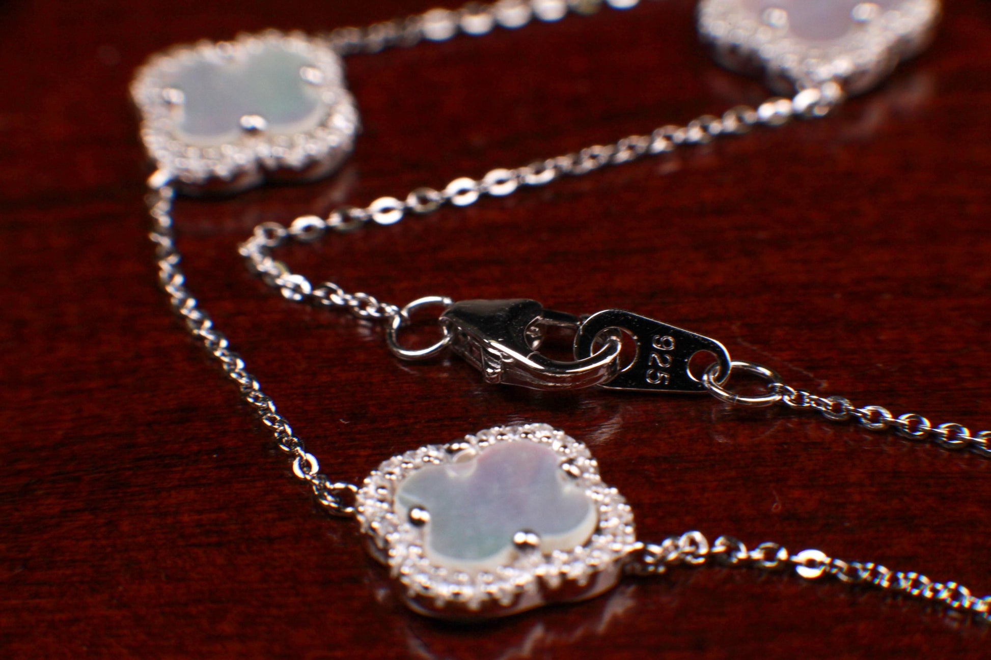 925 Sterling Silver White Mother of Pearl Four leaf Flower Charm CZ Adjustable 7” to 8.25" Silver Bracelet, Love charm