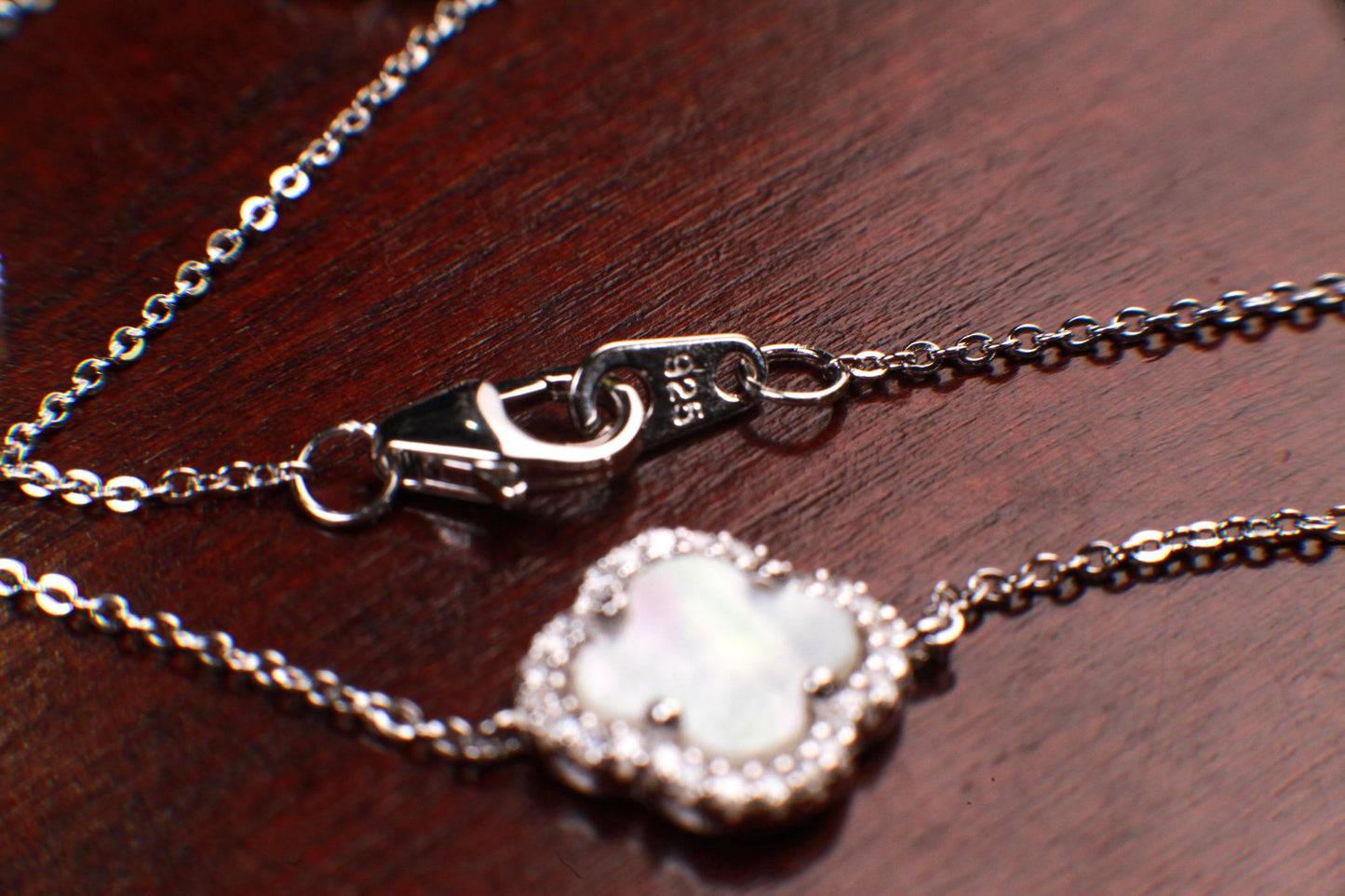 925 Sterling Silver White Mother of Pearl Four leaf Flower Charm CZ Adjustable 7” to 8.25" Silver Bracelet, Love charm