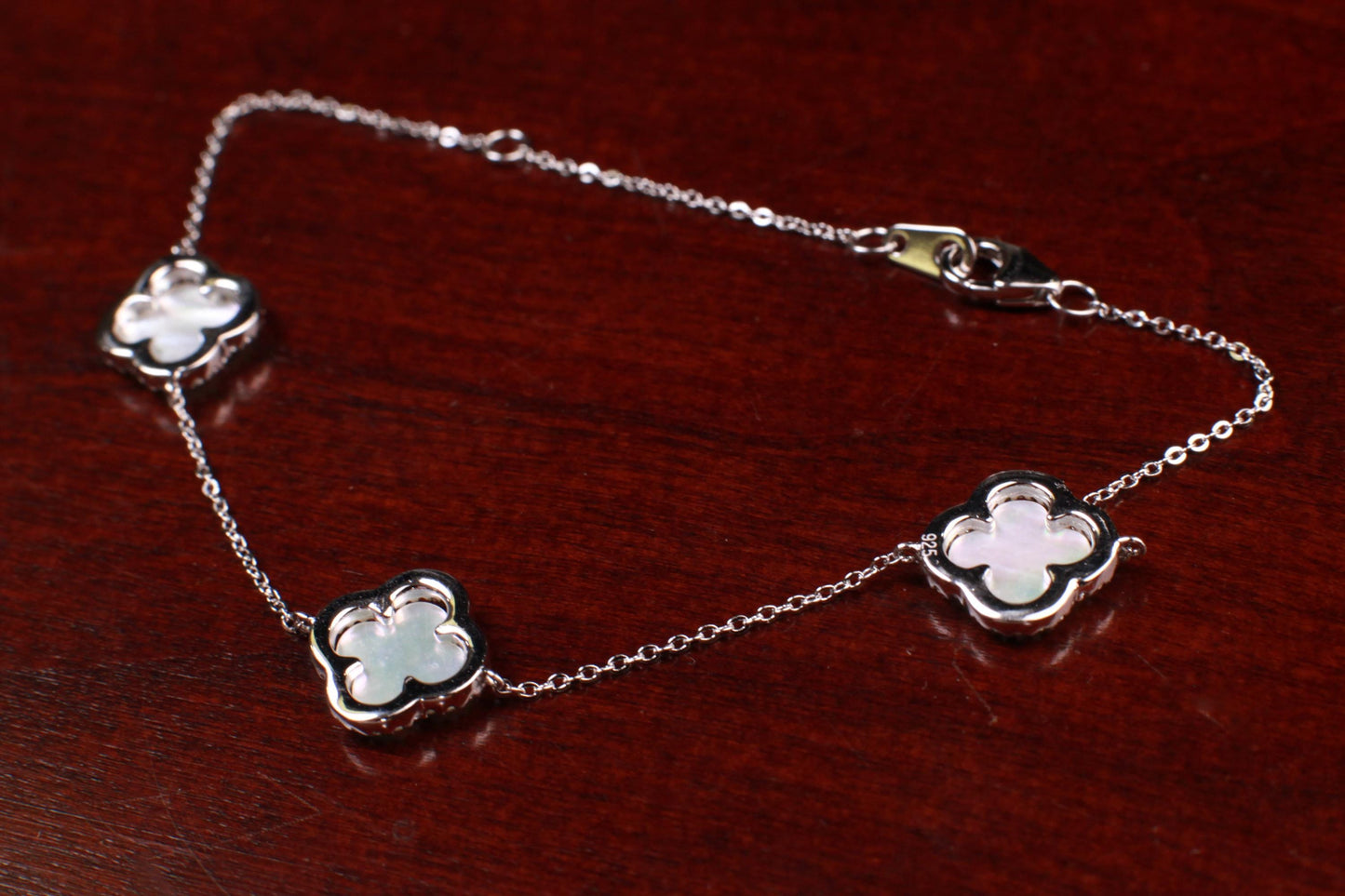 925 Sterling Silver White Mother of Pearl Four leaf Flower Charm CZ Adjustable 7” to 8.25" Silver Bracelet, Love charm