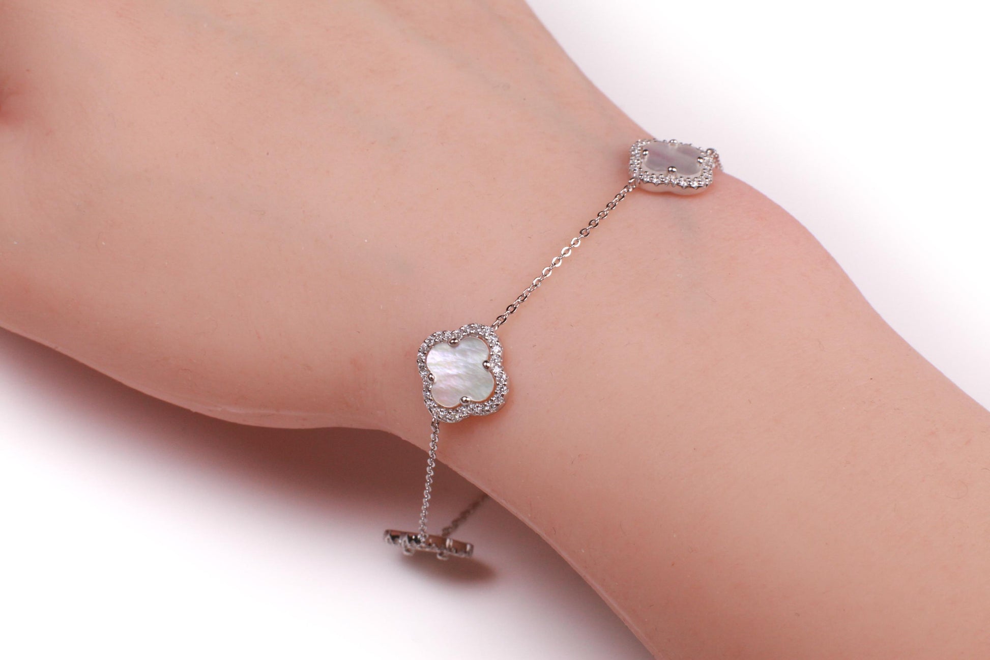 925 Sterling Silver White Mother of Pearl Four leaf Flower Charm CZ Adjustable 7” to 8.25" Silver Bracelet, Love charm