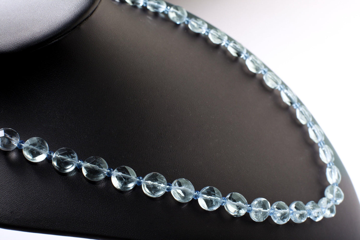 Aquamarine Quartz Faceted 10mm Coin Shape Accented with Crystal Spacers Beads 16” Necklace with 3" Extension Chain