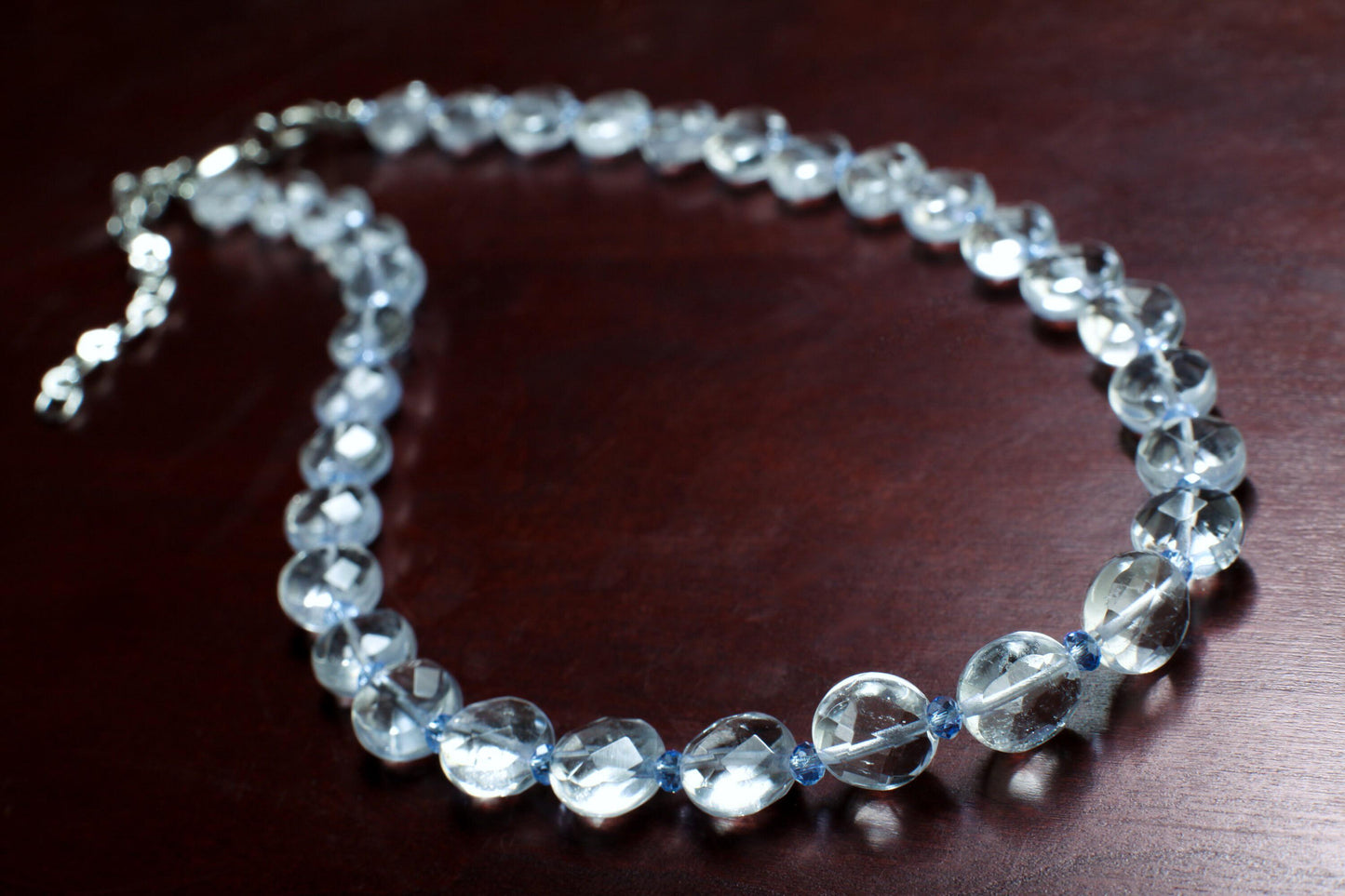 Aquamarine Quartz Faceted 10mm Coin Shape Accented with Crystal Spacers Beads 16” Necklace with 3" Extension Chain