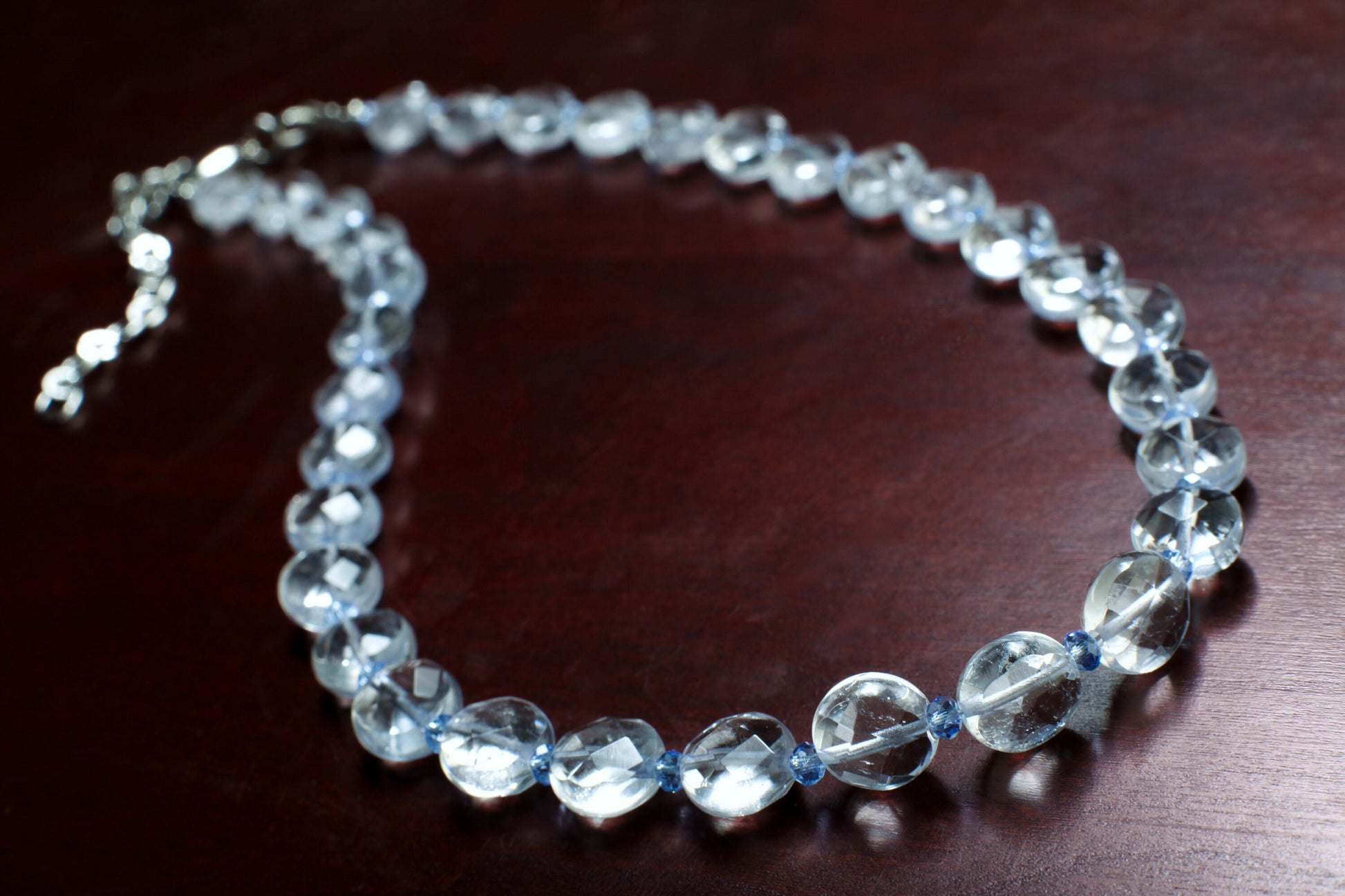Aquamarine Quartz Faceted 10mm Coin Shape Accented with Crystal Spacers Beads 16” Necklace with 3" Extension Chain