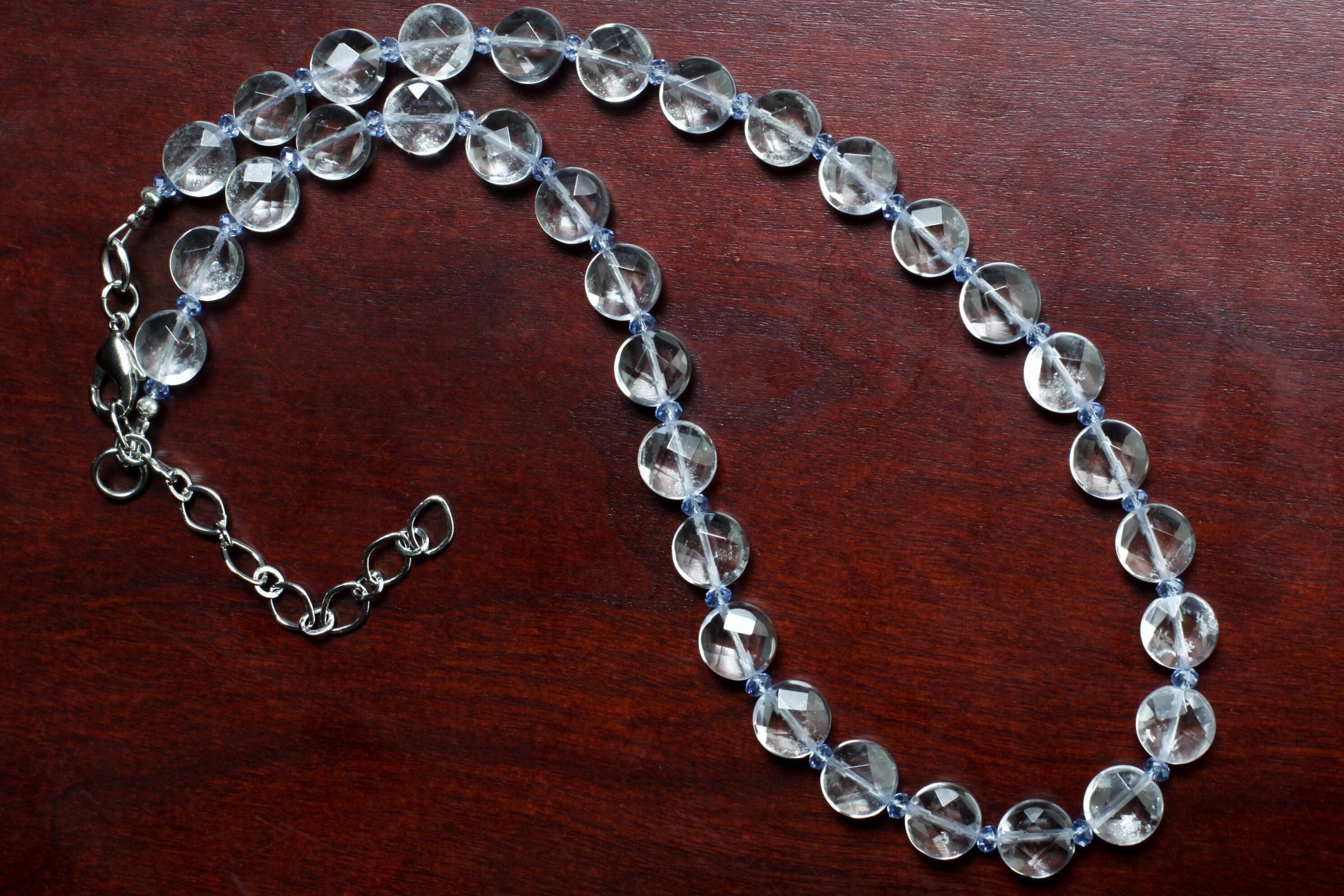 Aquamarine Quartz Faceted 10mm Coin Shape Accented with Crystal Spacers Beads 16” Necklace with 3" Extension Chain