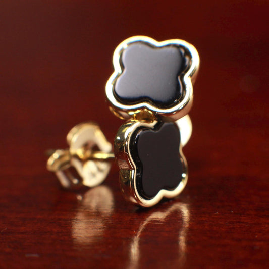 Natural Black Onyx 8mm Four Leaf Flower Stud Earrings in 18K Gold Vermeil over 925 Sterling Silver Earrings, 925 Stamped Charm earring love