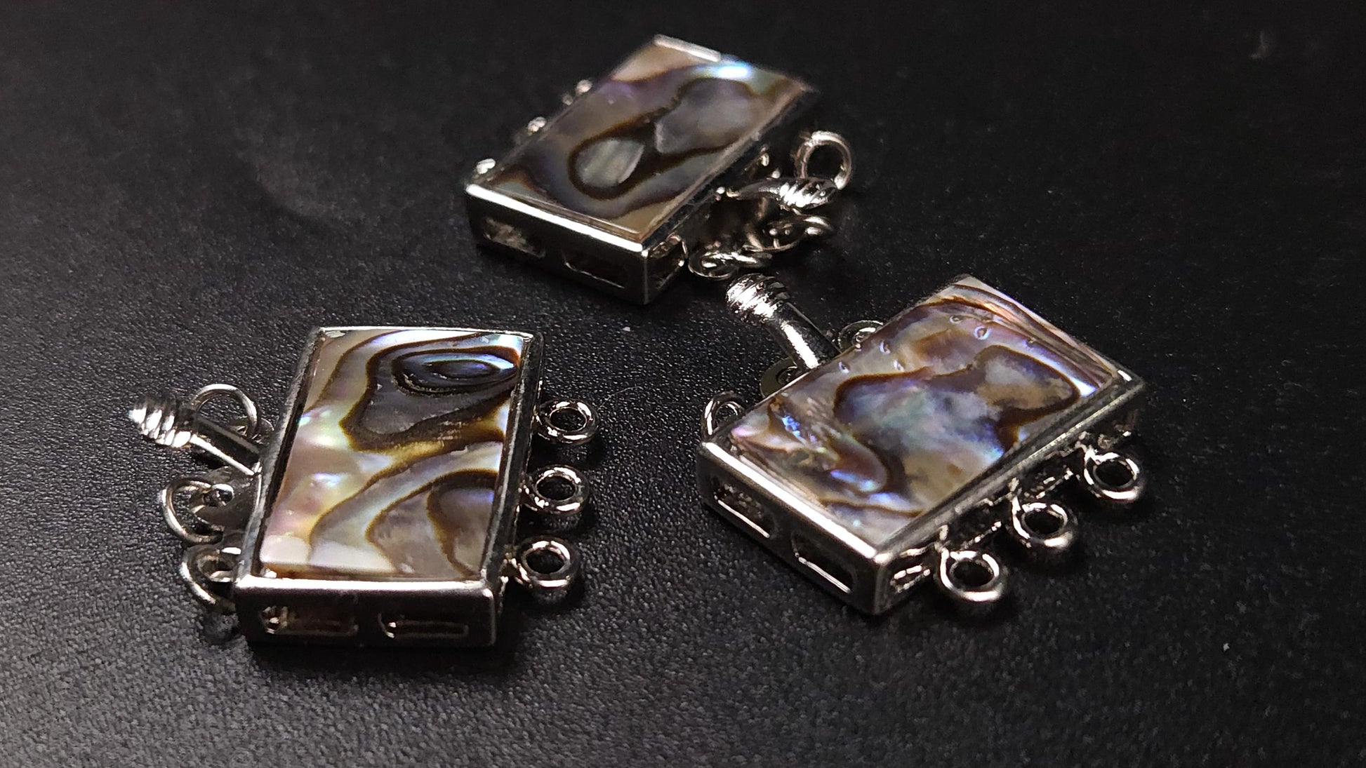 Abalony shell Inlaid 3 loop rhodium clasp Rectangular 12x19mm . Necklace bracelet jewelry making clasp. 1 piece