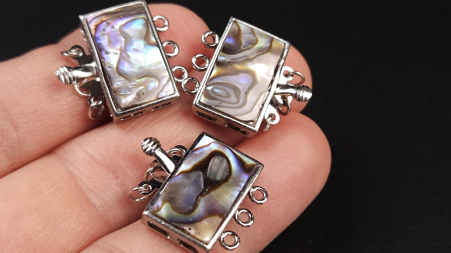 Abalony shell Inlaid 3 loop rhodium clasp Rectangular 12x19mm . Necklace bracelet jewelry making clasp. 1 piece