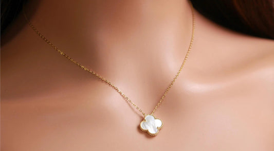 22K Gold Vermeil Sterling Silver White Mother of Pearl Double Sided 16mm four leaf Flower Charm 16” extend to 17” and 18” Necklace, Love