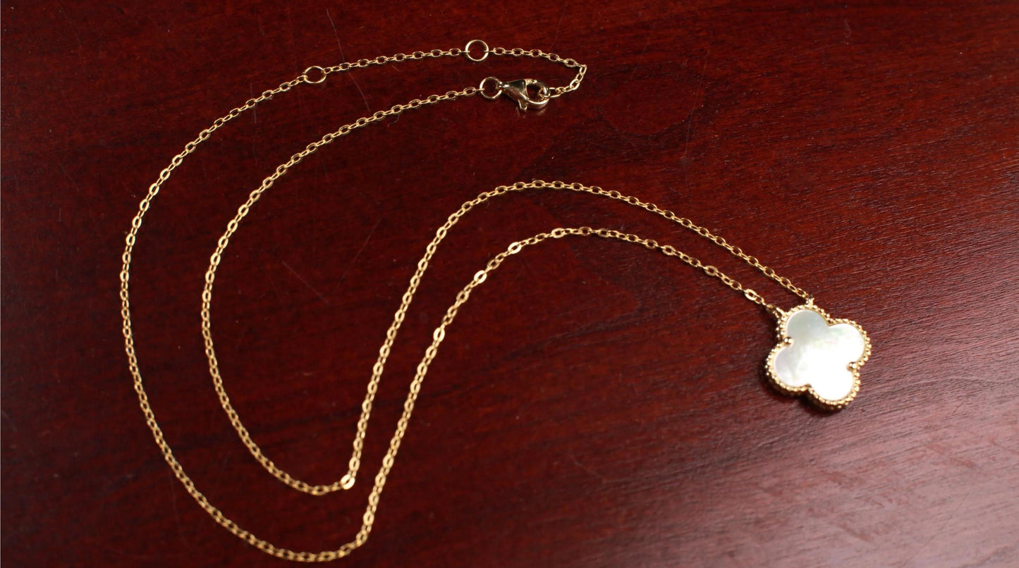 22K Gold Vermeil Sterling Silver White Mother of Pearl Double Sided 16mm four leaf Flower Charm 16” extend to 17” and 18” Necklace, Love