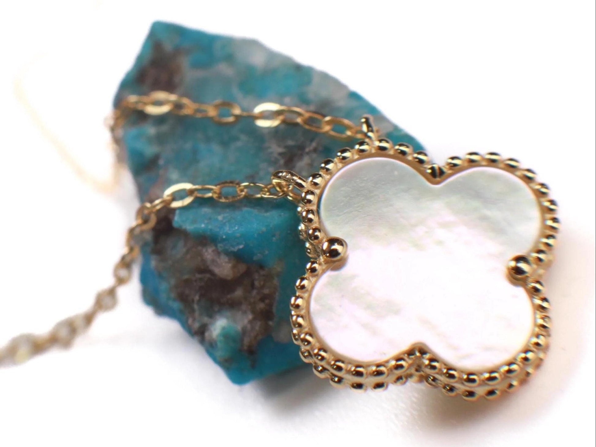 22K Gold Vermeil Sterling Silver White Mother of Pearl Double Sided 16mm four leaf Flower Charm 16” extend to 17” and 18” Necklace, Love