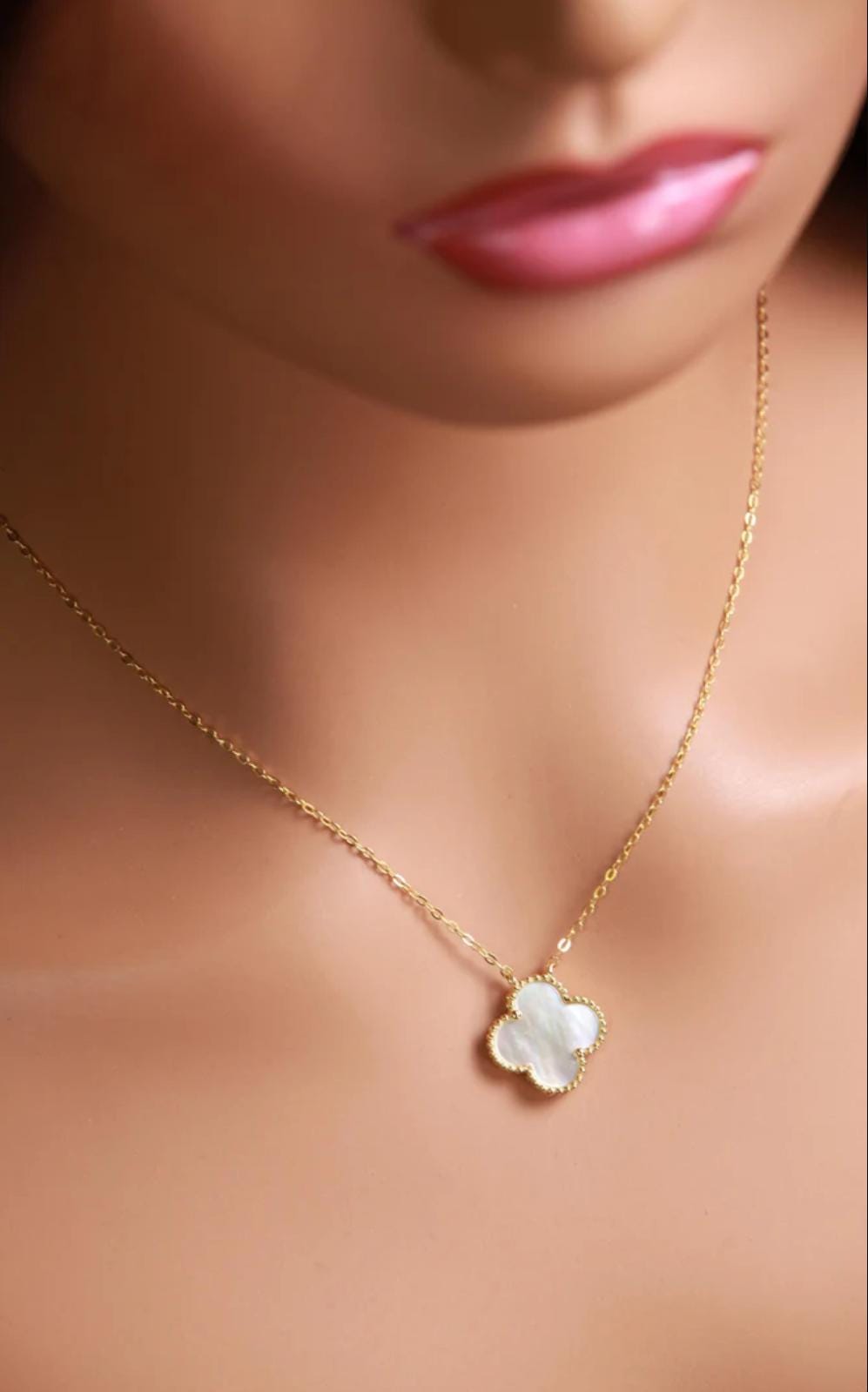 22K Gold Vermeil Sterling Silver White Mother of Pearl Double Sided 16mm four leaf Flower Charm 16” extend to 17” and 18” Necklace, Love