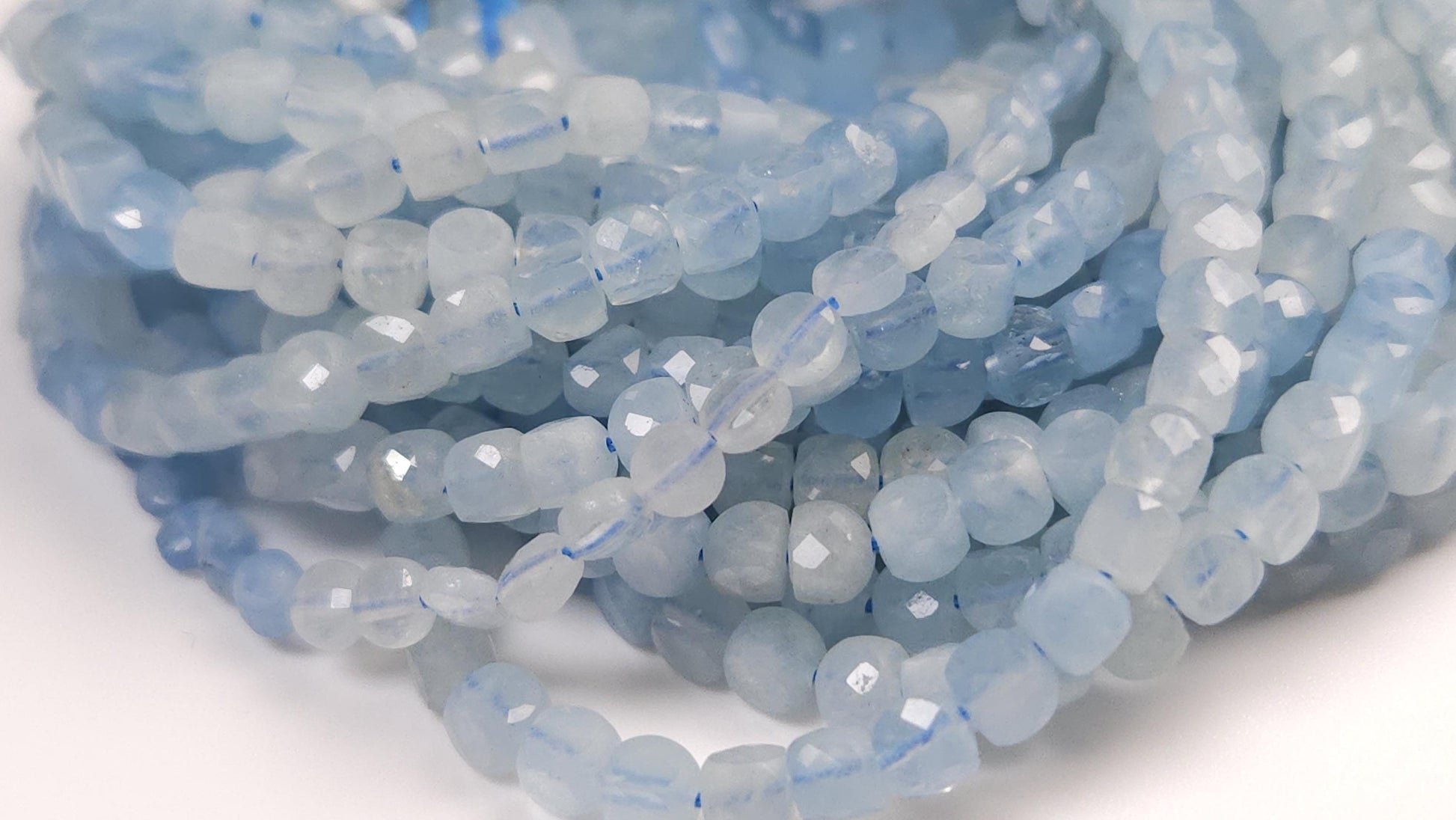 Natural Aquamarine Gemstone Sky Blue Faceted 4mm Square Cube Shape, shaded Aquamarine, Jewelry Making 12" strand.High quality