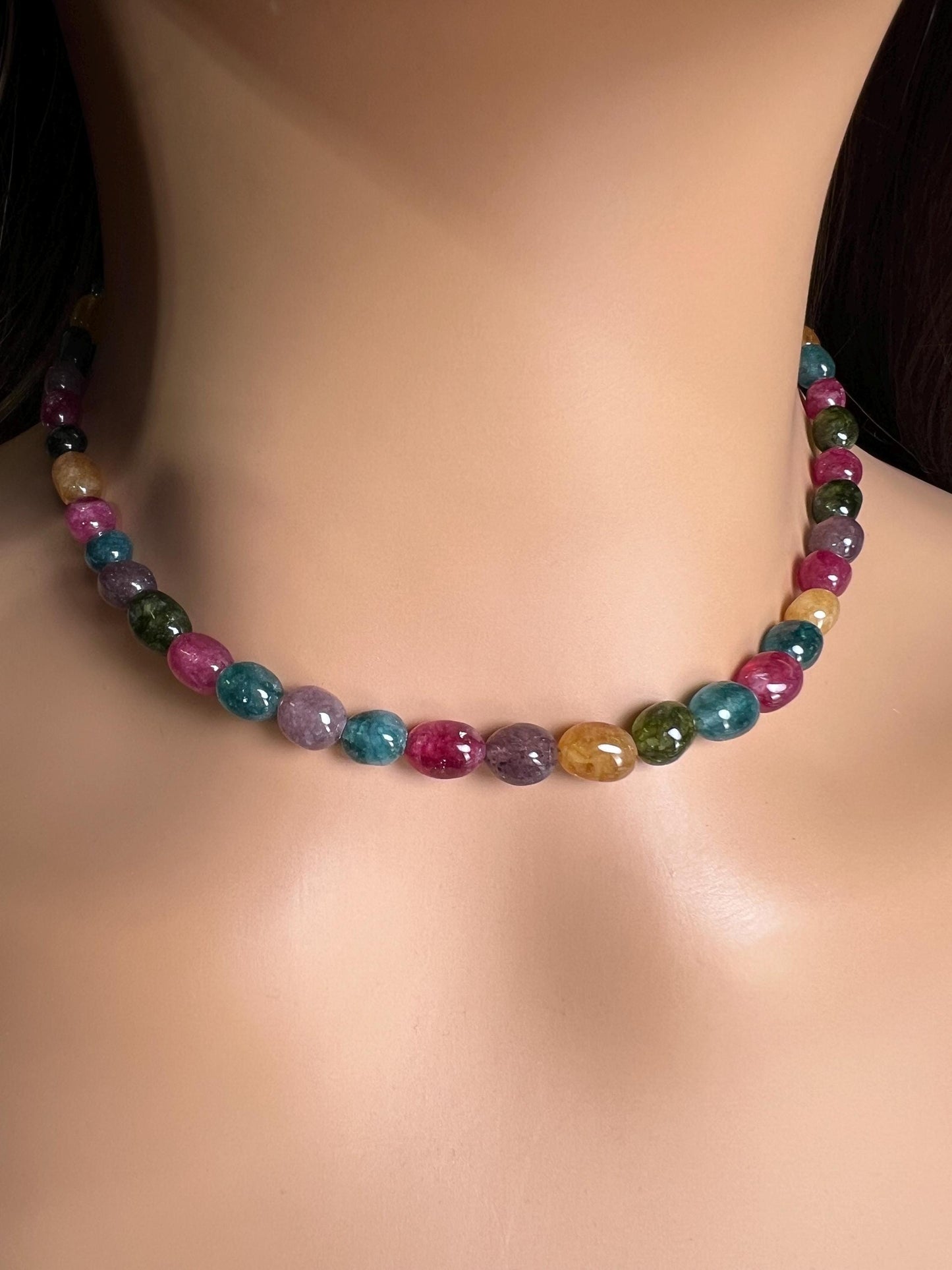 Multi color Rainbow gemstone 7-8mm smooth oval Tourmaline Quartz beaded necklace. Blue pink purple yellow necklace