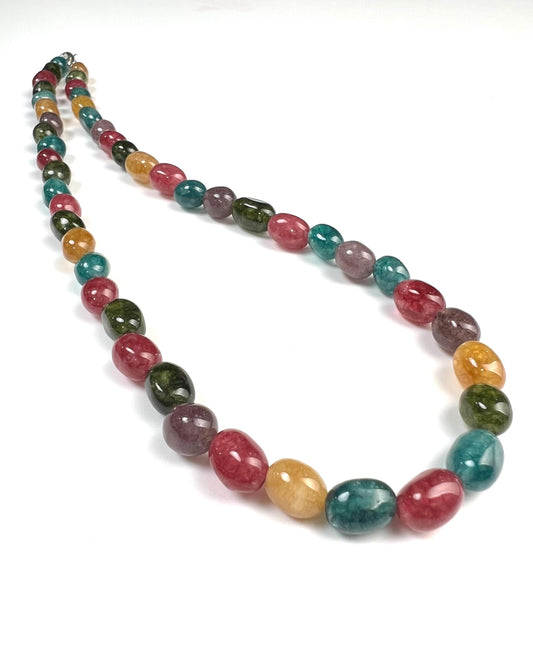 Multi color Rainbow gemstone 7-8mm smooth oval Tourmaline Quartz beaded necklace. Blue pink purple yellow necklace