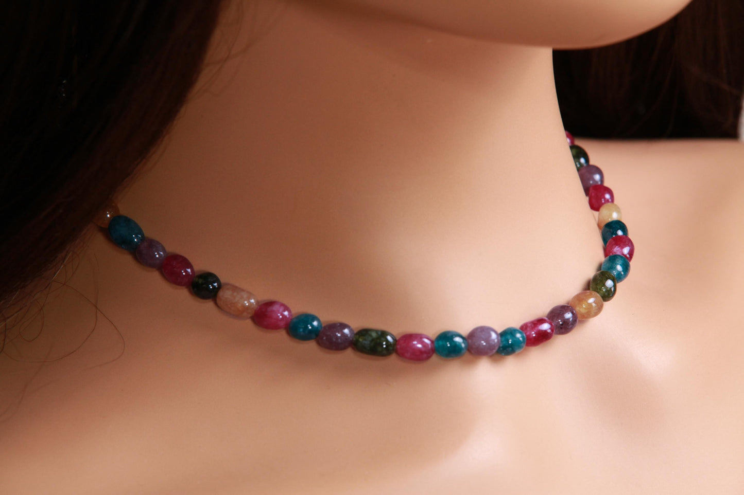 Multi color Rainbow gemstone 7-8mm smooth oval Tourmaline Quartz beaded necklace. Blue pink purple yellow necklace
