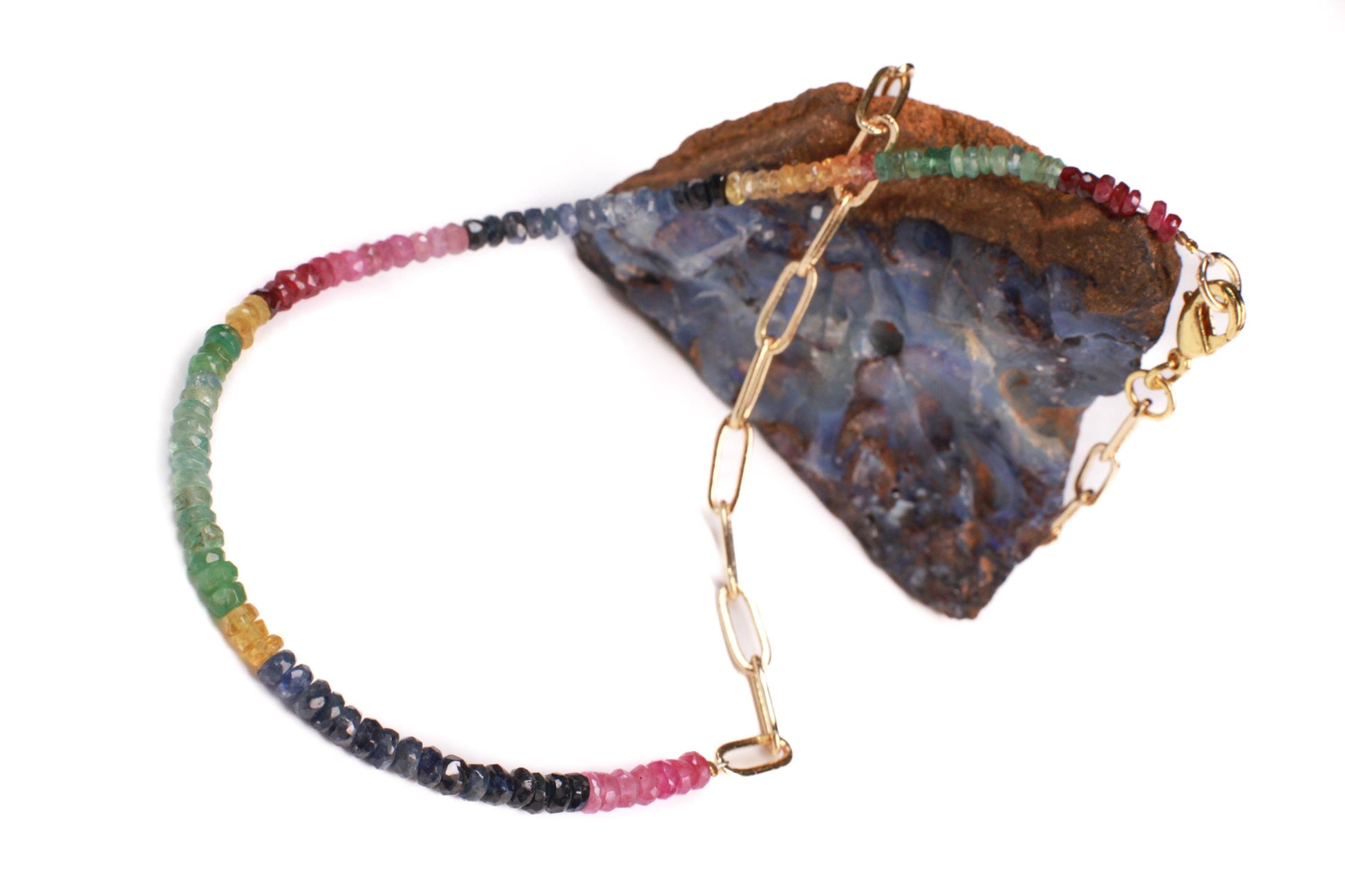 Half sapphire half chain Necklace. Natural Multi Sapphire Ruby Emerald with 18k Gold Vermeil Paper clip chain gold necklace Resistance Unity