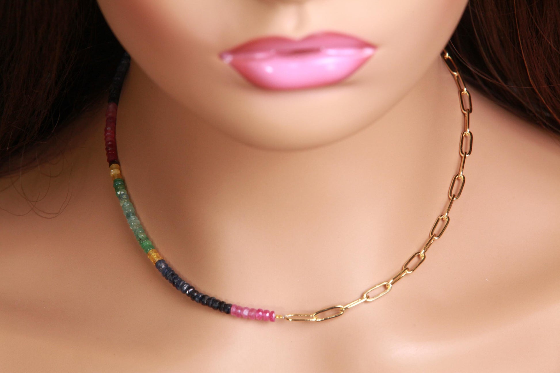 Half gems half chain Necklace. Natural Multi Sapphire Ruby Emerald with 18k Gold Vermeil Paper clip chain gold necklace Resistance Unity