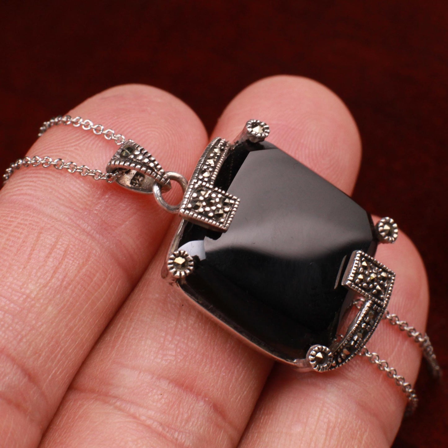 Vintage Marcasite and Black Onyx 925 Sterling Silver 22mm Square Pendant Necklace 925 Sterling Silver Chain, Vintage, Antique gift