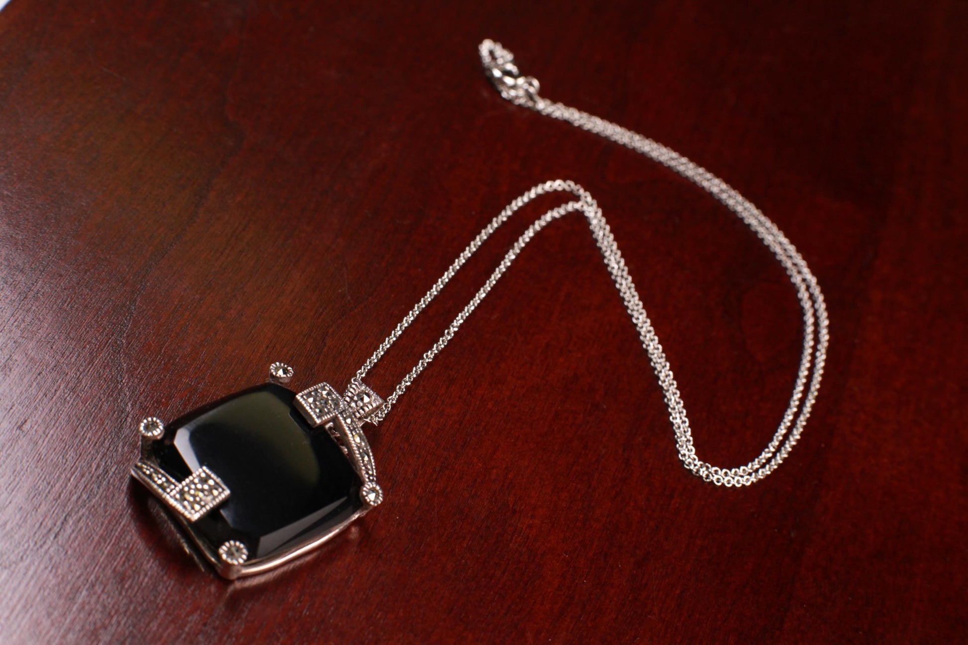 Vintage Marcasite and Black Onyx 925 Sterling Silver 22mm Square Pendant Necklace 925 Sterling Silver Chain, Vintage, Antique gift