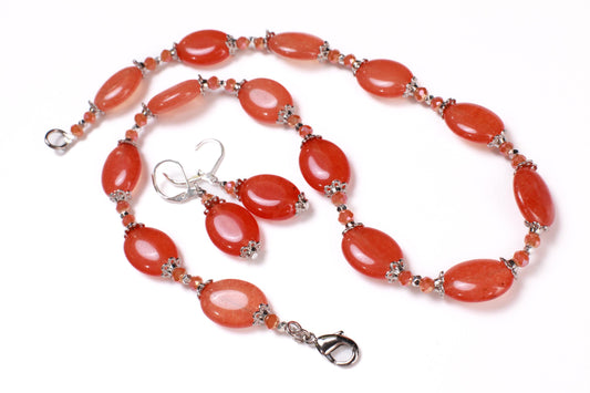 Natural Red Aventurine Peach aventurine 12x16mm oval Gemstones with Bali Style Spacers, peachy orange beads silver Necklace earrings set