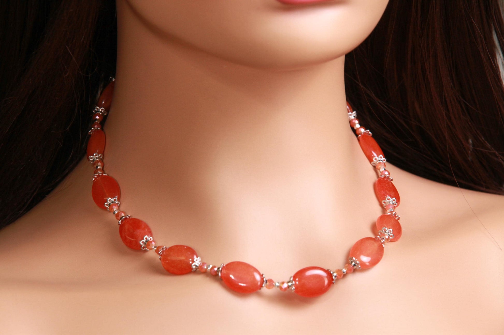 Natural Red Aventurine Peach aventurine 12x16mm oval Gemstones with Bali Style Spacers, peachy orange beads silver Necklace earrings set
