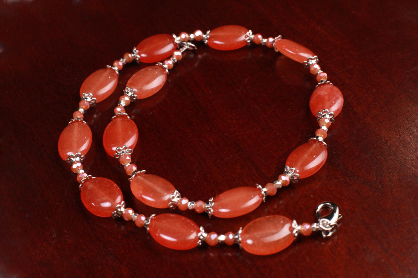 Natural Red Aventurine Peach aventurine 12x16mm oval Gemstones with Bali Style Spacers, peachy orange beads silver Necklace earrings set