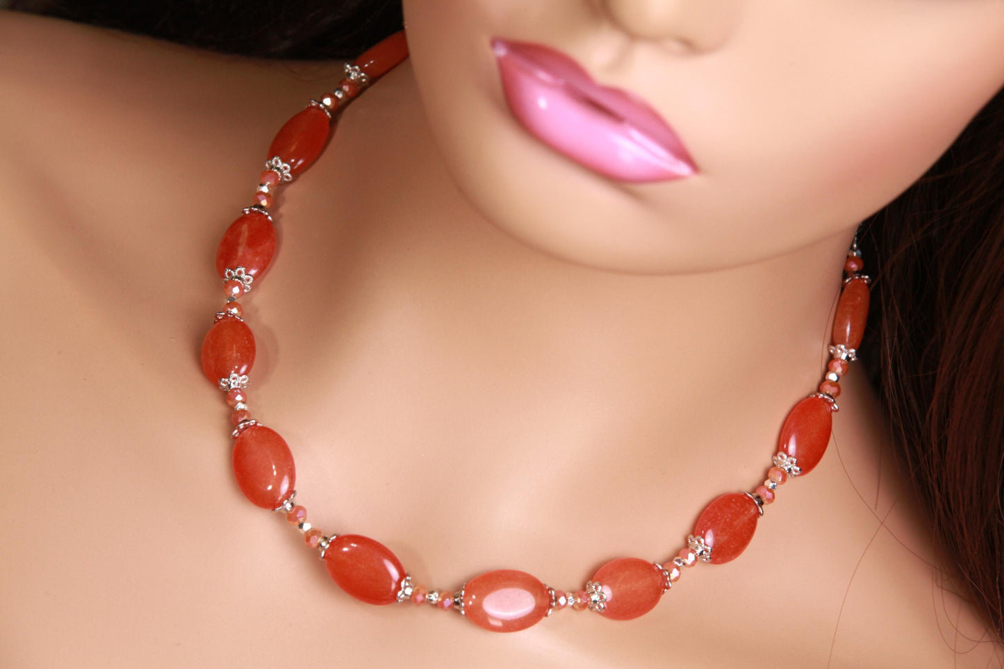 Natural Red Aventurine Peach aventurine 12x16mm oval Gemstones with Bali Style Spacers, peachy orange beads silver Necklace earrings set