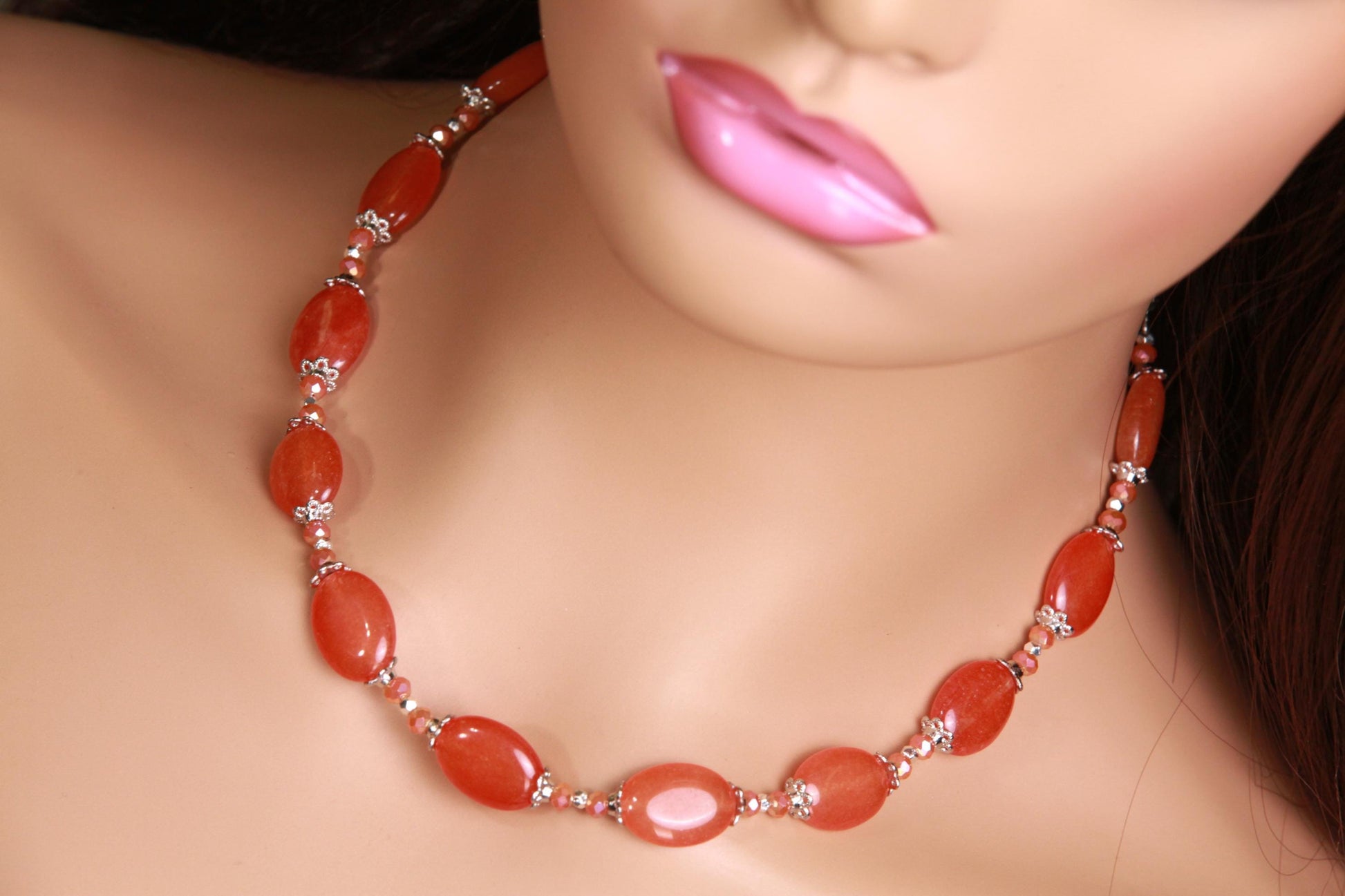 Natural Red Aventurine Peach aventurine 12x16mm oval Gemstones with Bali Style Spacers, peachy orange beads silver Necklace earrings set