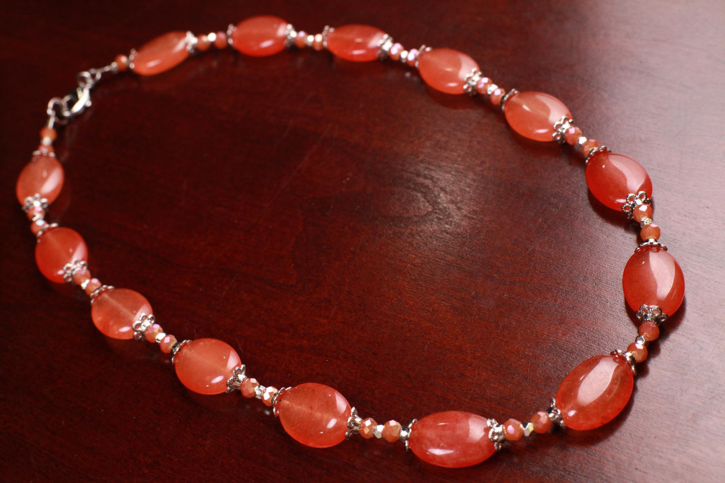 Natural Red Aventurine Peach aventurine 12x16mm oval Gemstones with Bali Style Spacers, peachy orange beads silver Necklace earrings set
