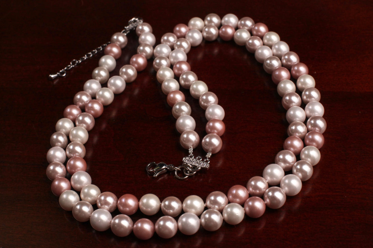 Double layered South Sea Shell Pearl 8mm Multi Baby Pink Necklace with 2" Extender Necklace, Gift for Her 16"-40"
