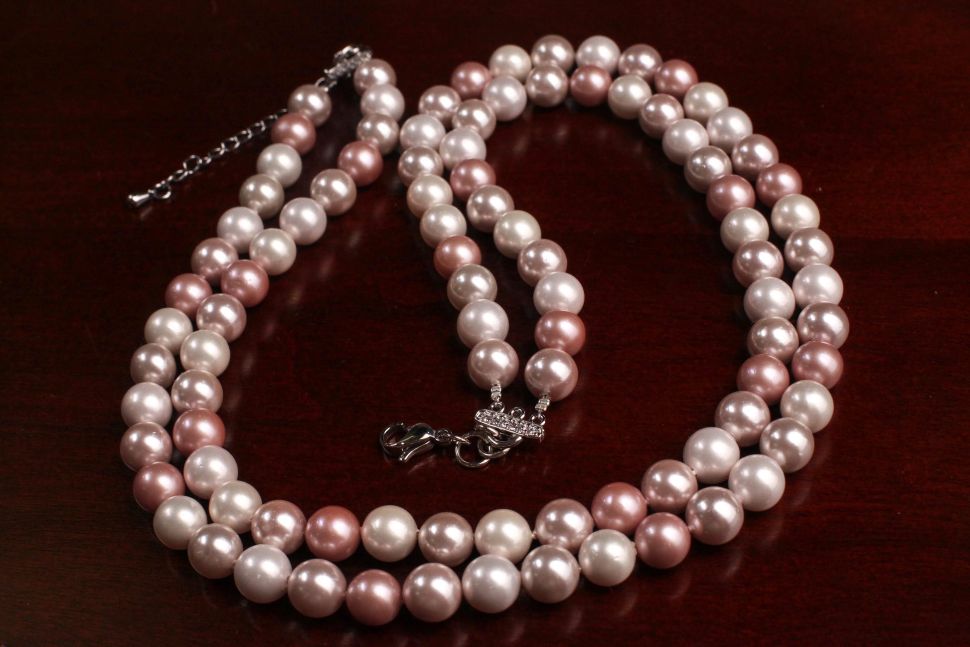 Double layered South Sea Shell Pearl 8mm Multi Baby Pink Necklace with 2" Extender Necklace, CZ Diamond fancy clasp. Gift for Her 16"-40"