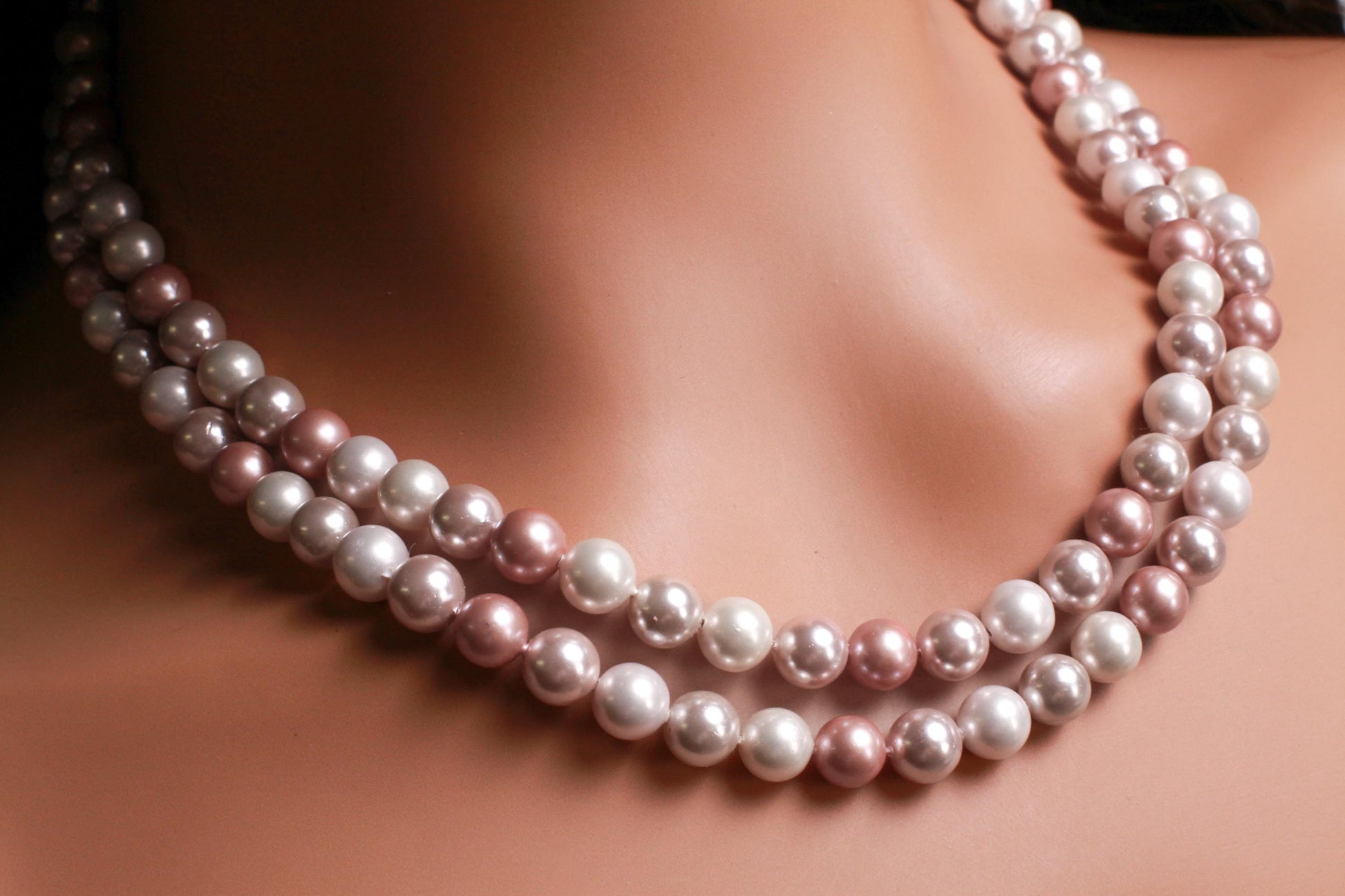 Double layered South Sea Shell Pearl 8mm Multi Baby Pink Necklace with 2" Extender Necklace, CZ Diamond fancy clasp. Gift for Her 16"-40"