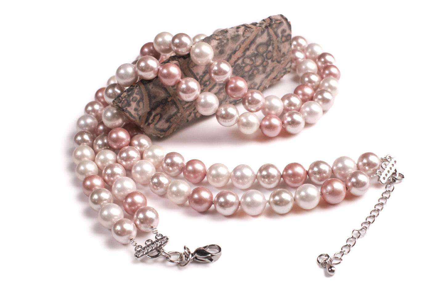 Double layered South Sea Shell Pearl 8mm Multi Baby Pink Necklace with 2" Extender Necklace, CZ Diamond fancy clasp. Gift for Her 16"-40"