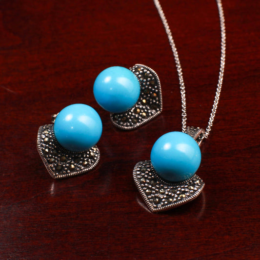 Vintage Marcasite Blue Turquoise 12mm Pendant, Earrings 925 sterling Silver Necklace Jewelry Set, 925 Stamped . Beautiful antique gift