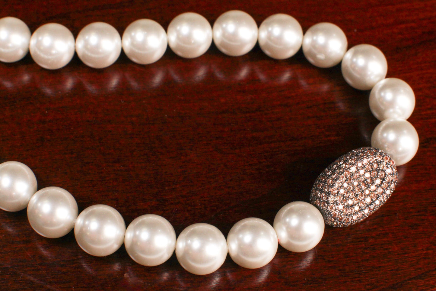 White South Seashell Pearl 10mm with Chocolate CZ Micro pave Diamond Oval Pendant Mag Necklace