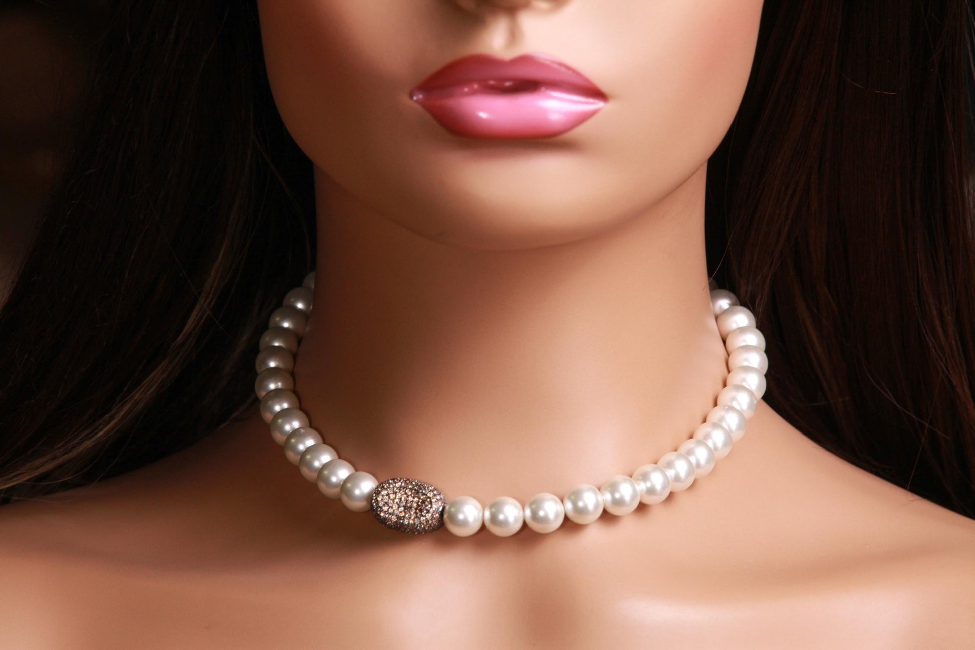 White South Seashell Pearl 10mm with Chocolate CZ Micro pave Diamond Oval Pendant Mag Necklace