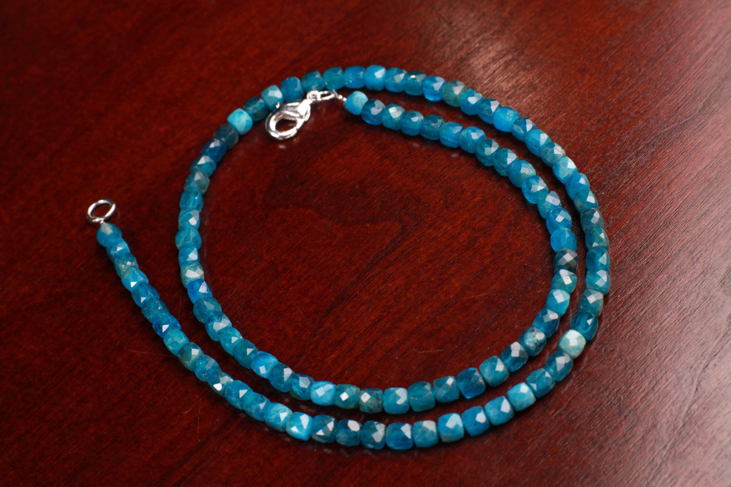 Natural Apatite 4mm Faceted Cube gemstone beaded necklace beautiful aqua neon blue beaded choker or layer necklace
